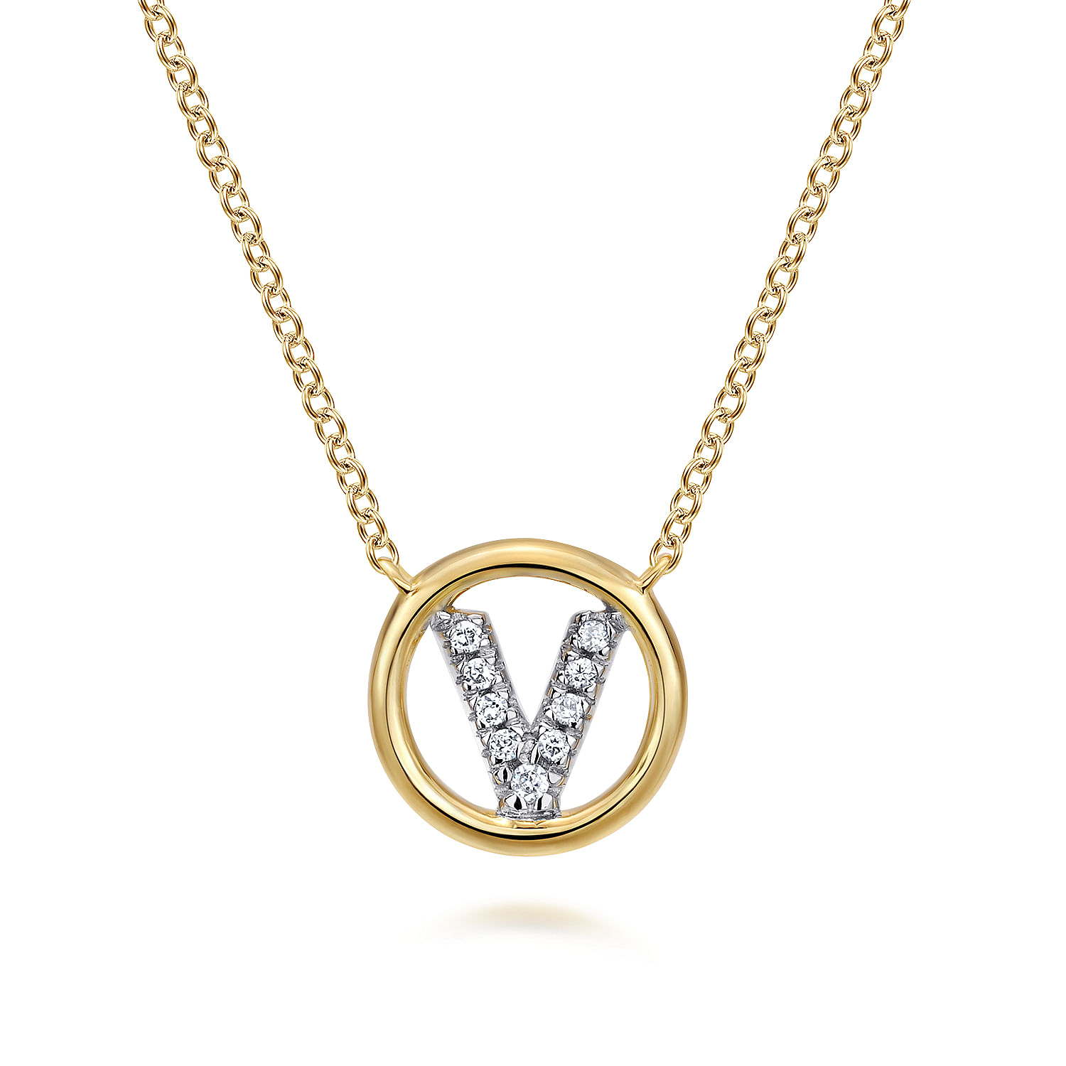 14K Yellow Gold Diamond V Initial Pendant Necklace