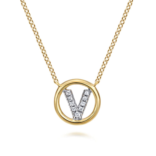 14K Yellow Gold Diamond V Initial Pendant Necklace