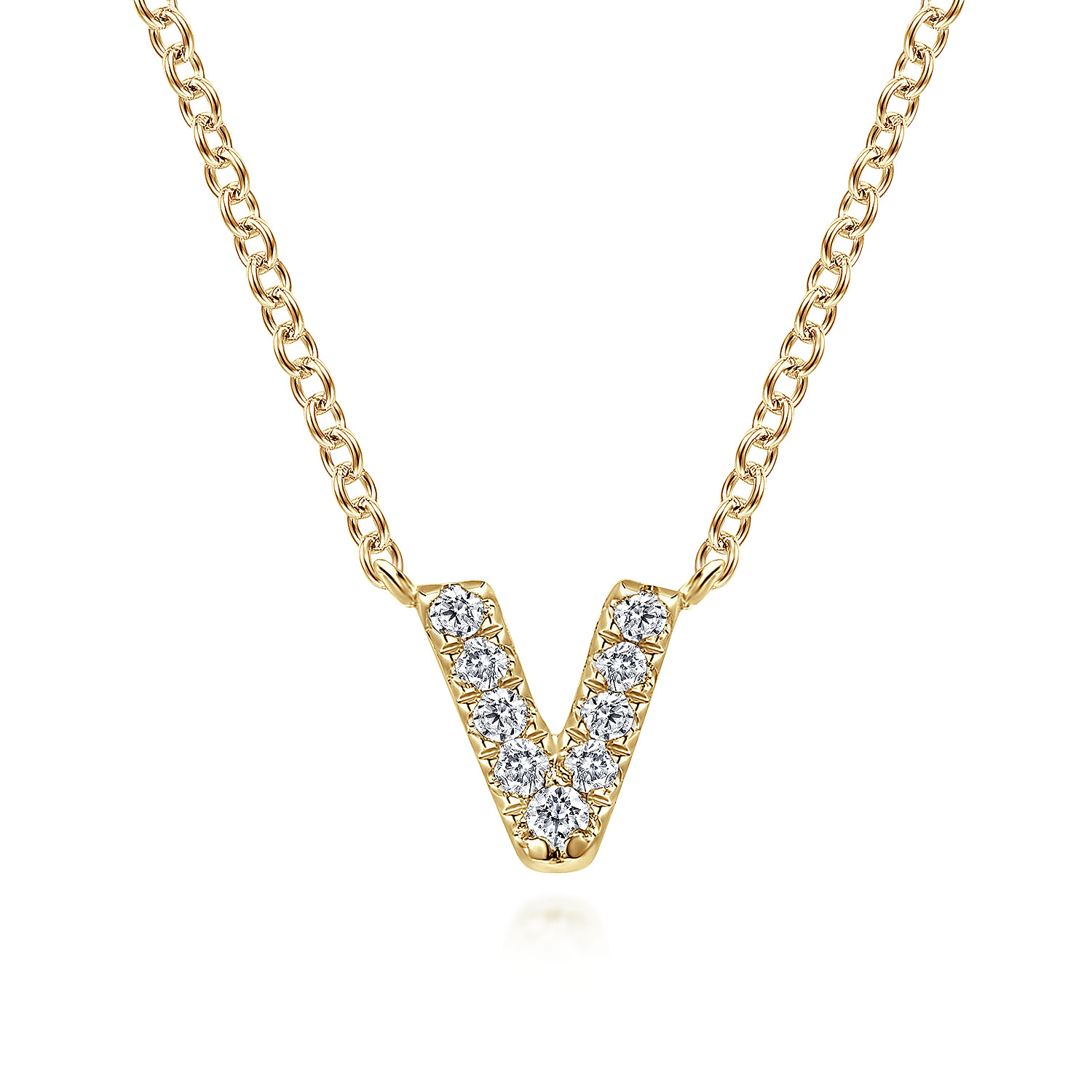 14K Yellow Gold Diamond V Initial Pendant Necklace