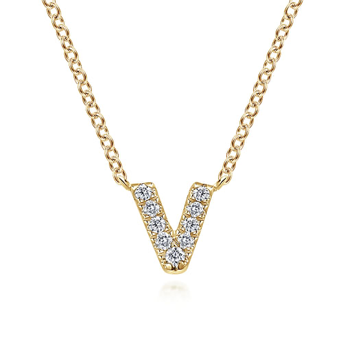 14K Yellow Gold Diamond V Initial Pendant Necklace