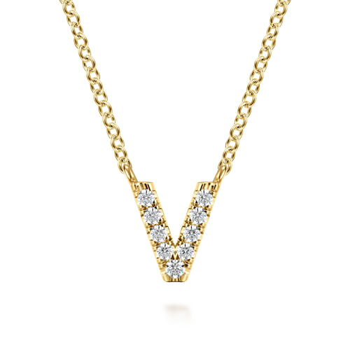 14K Yellow Gold Diamond V Initial Pendant Necklace