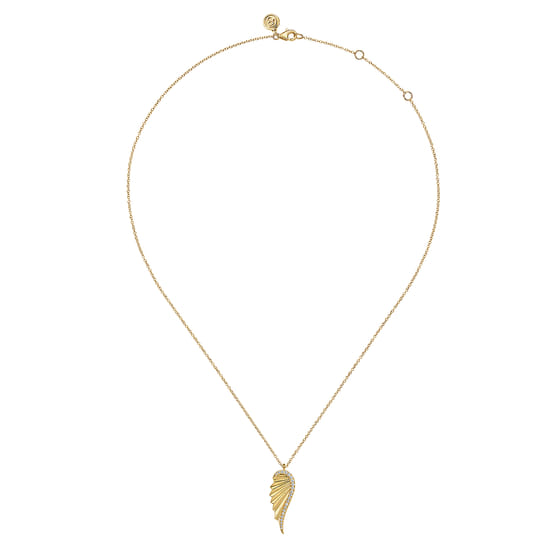 14K Yellow Gold Diamond Wing Pendant Necklace angle 2 14K Yellow Gold Diamond Wing Pendant Necklace angle 2