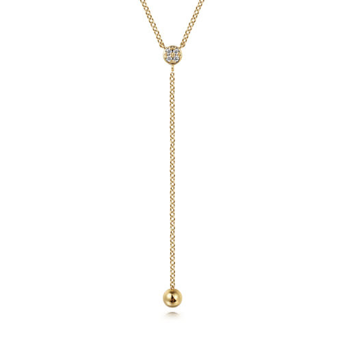 14K Yellow Gold Diamond Y-Knot Necklace with Hollow Gold Bead 14K Yellow Gold Diamond Y-Knot Necklace with Hollow Gold Bead