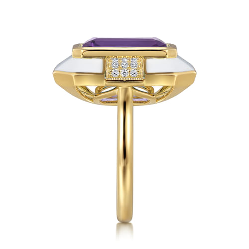 14K Yellow Gold Diamond and Amethyst Cocktail Ring with White Enamel