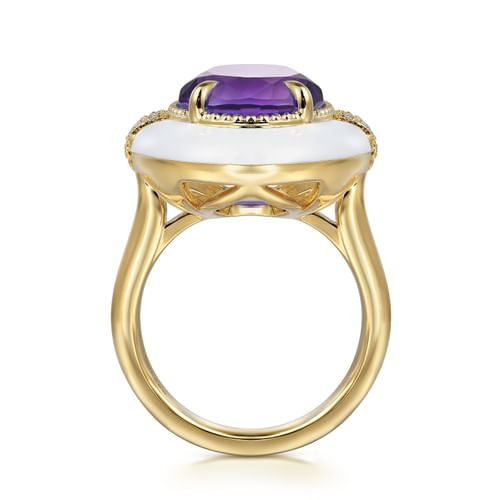 14K Yellow Gold Diamond and Amethyst Cocktail Ring with White Enamel