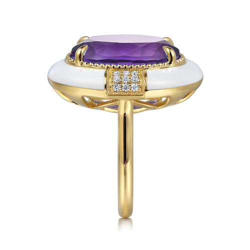 14K Yellow Gold Diamond and Amethyst Cocktail Ring with White Enamel