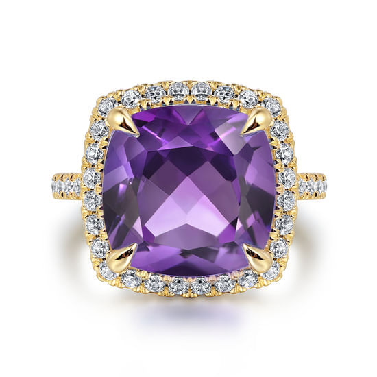 Gabriel - 14K Yellow Gold Diamond and Amethyst Cushion Cut Ladies Ring With Flower Pattern Gallery
