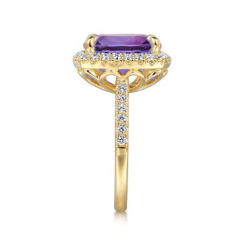 14K Yellow Gold Diamond and Amethyst Cushion Cut Ladies Ring With Flower Pattern Gallery