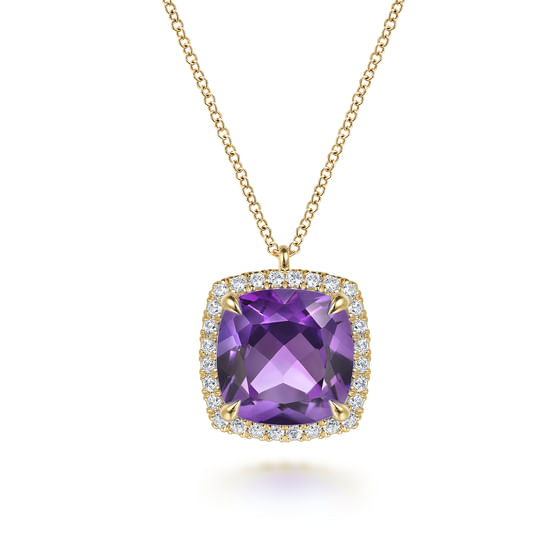 Gabriel - 14K Yellow Gold Diamond and Amethyst Cushion Cut Necklace With Flower Pattern J-Back