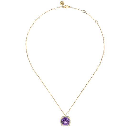 14K Yellow Gold Diamond and Amethyst Cushion Cut Necklace With Flower Pattern J-Back angle 2