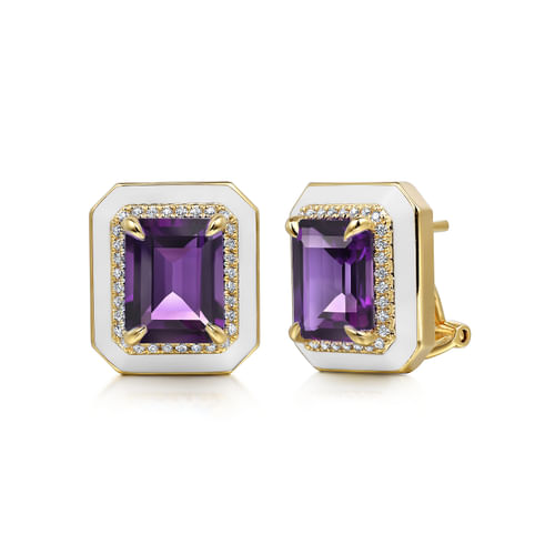 14K Yellow Gold Diamond and Amethyst Earrings with White Enamel