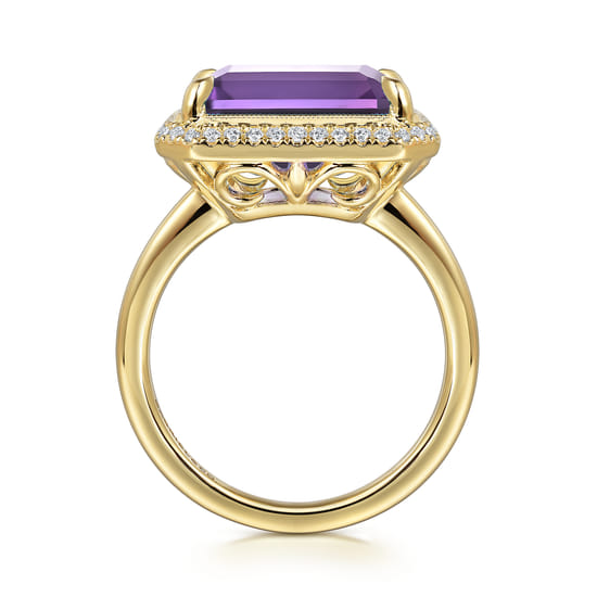 14K Yellow Gold Diamond and Amethyst Emerald Cut Ladies Ring With Flower Pattern Gallery angle 2