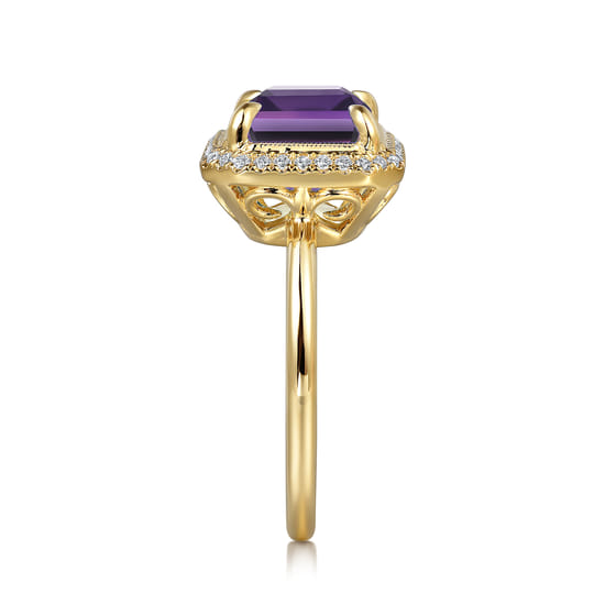 14K Yellow Gold Diamond and Amethyst Emerald Cut Ladies Ring With Flower Pattern Gallery angle 4