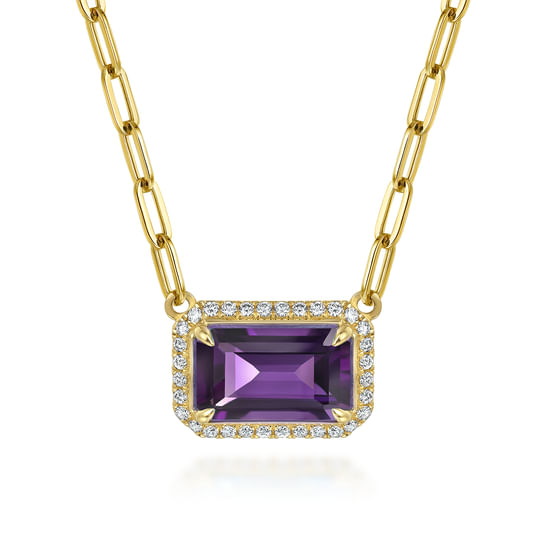 Gabriel - 14K Yellow Gold Diamond and Amethyst Emerald Cut Necklace With Flower Pattern Gallery