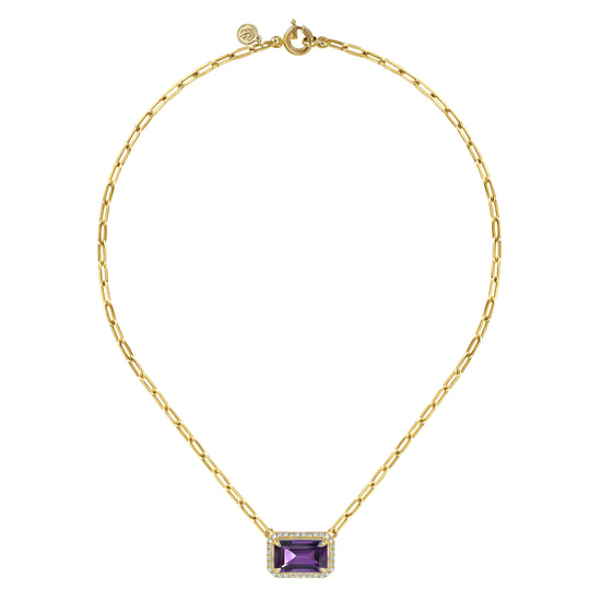14K Yellow Gold Diamond and Amethyst Emerald Cut Necklace With Flower Pattern Gallery angle 2 14K Yellow Gold Diamond and Amethyst Emerald Cut Necklace With Flower Pattern Gallery angle 2