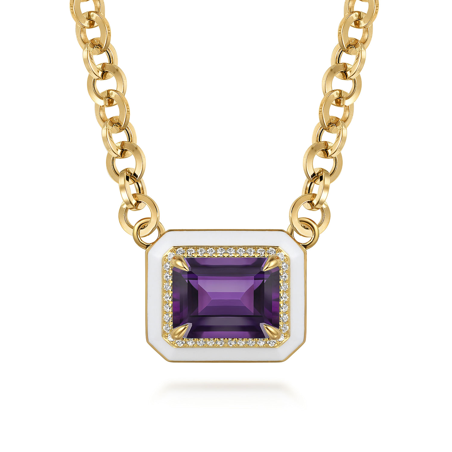 14K Yellow Gold Diamond and Amethyst Emerald Cut Necklace With Flower Pattern J-Back and White Enamel