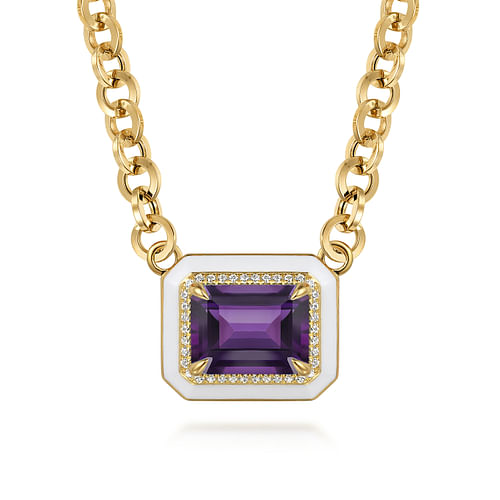 14K Yellow Gold Diamond and Amethyst Emerald Cut Necklace With Flower Pattern J-Back and White Enamel