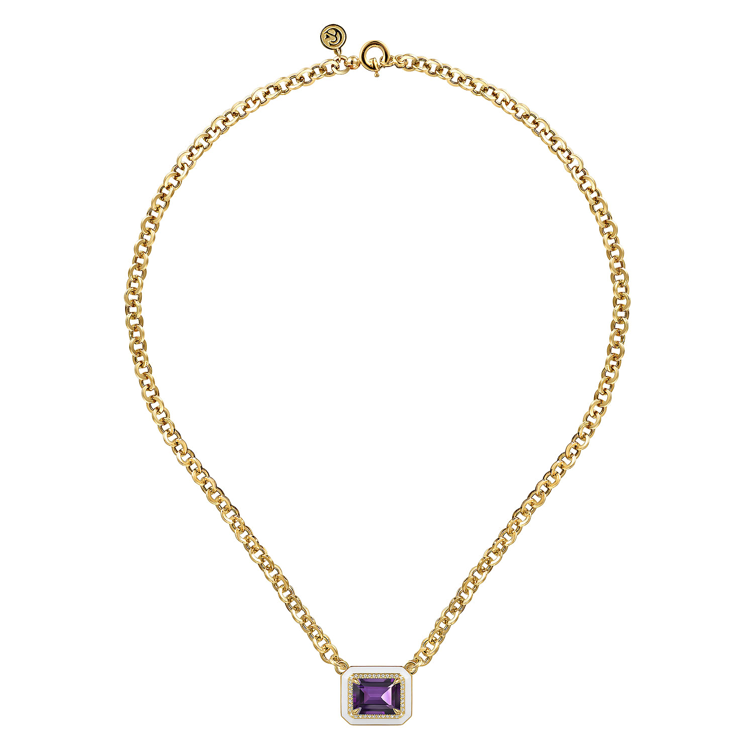 14K Yellow Gold Diamond and Amethyst Emerald Cut Necklace With Flower Pattern J-Back and White Enamel