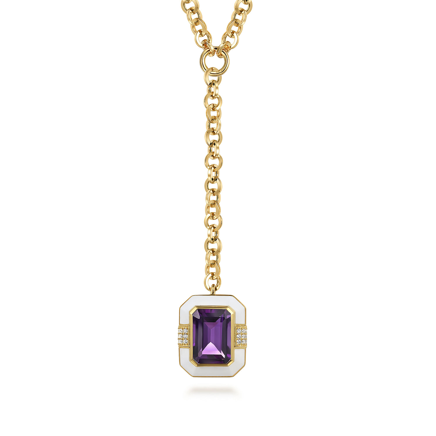 14K Yellow Gold Diamond and Amethyst Emerald Cut Y-Layer Necklace With Flower Pattern J-Back and White Enamel