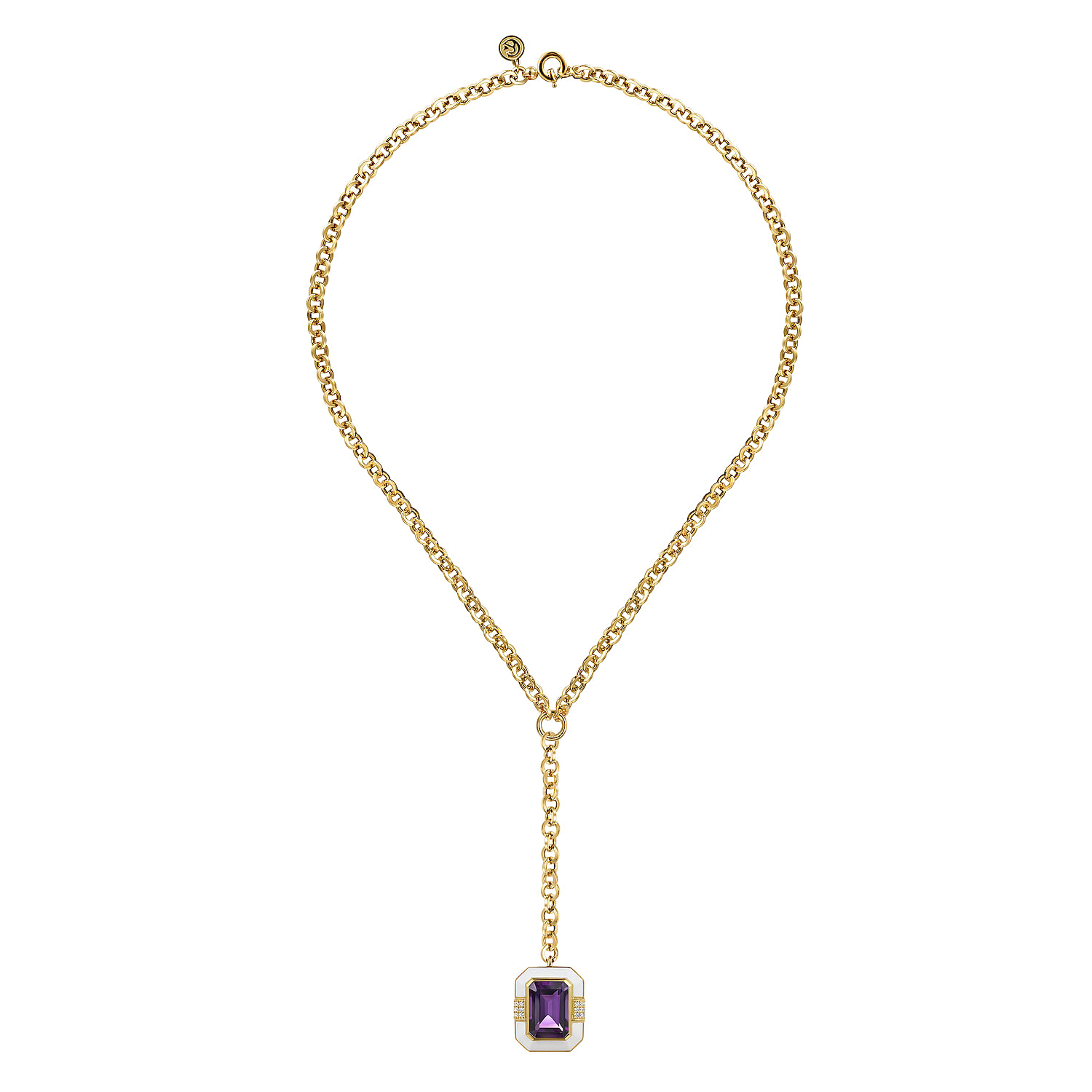 14K Yellow Gold Diamond and Amethyst Emerald Cut Y-Layer Necklace With Flower Pattern J-Back and White Enamel