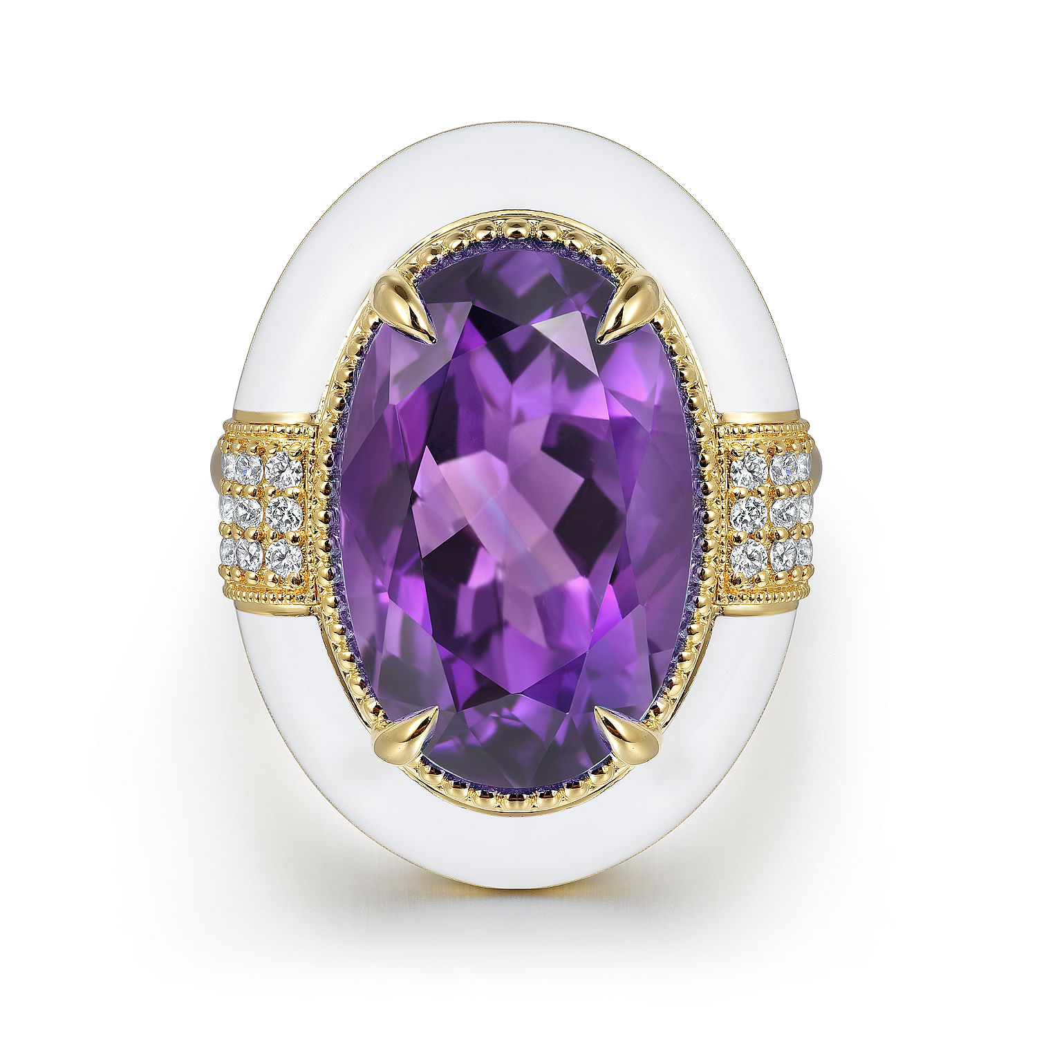 14K Yellow Gold Diamond and Amethyst Fashion Ring With White Enamel