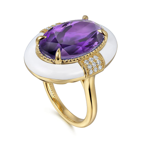 14K Yellow Gold Diamond and Amethyst Fashion Ring With White Enamel