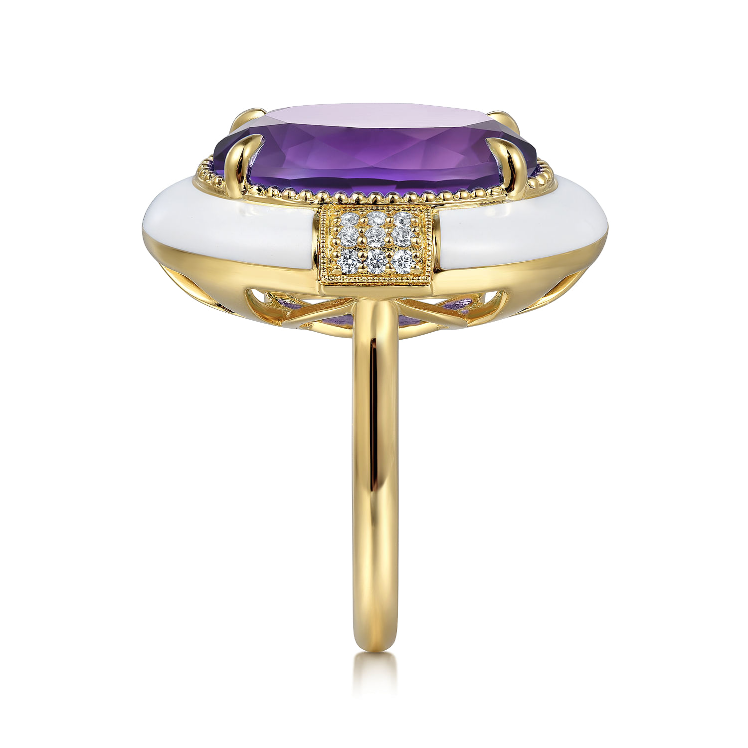 14K Yellow Gold Diamond and Amethyst Fashion Ring With White Enamel