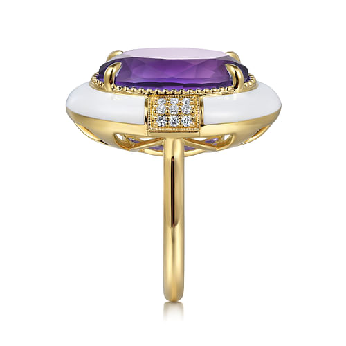 14K Yellow Gold Diamond and Amethyst Fashion Ring With White Enamel