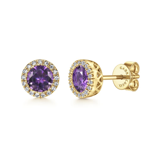 14K Yellow Gold Diamond and Amethyst Halo Stud Earrings