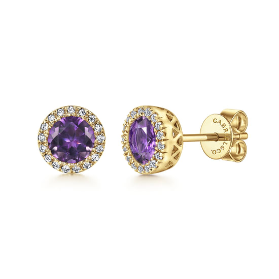 Gabriel - 14K Yellow Gold Diamond and Amethyst Halo Stud Earrings