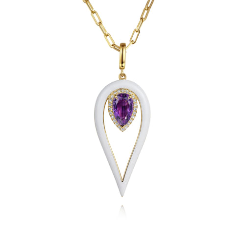14K Yellow Gold Diamond and Amethyst Long Pear Shape Drop Necklace With White Enamel
