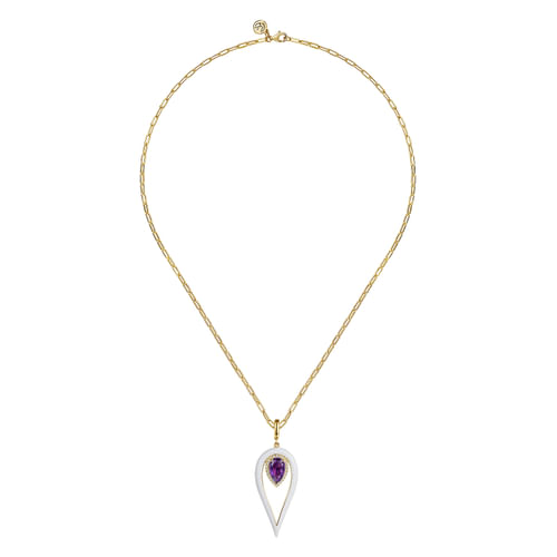 14K Yellow Gold Diamond and Amethyst Long Pear Shape Drop Necklace With White Enamel