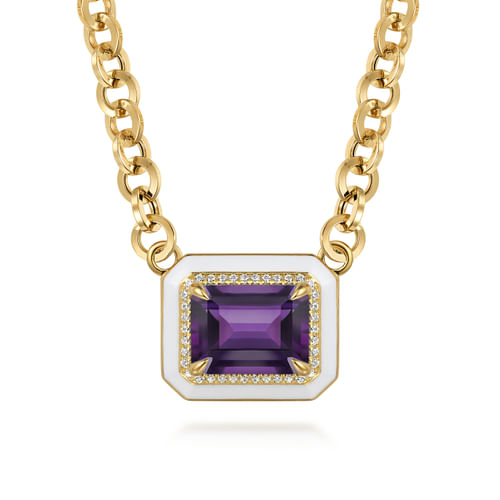 14K Yellow Gold Diamond and Amethyst Necklace With Flower Pattern J-Back and White Enamel