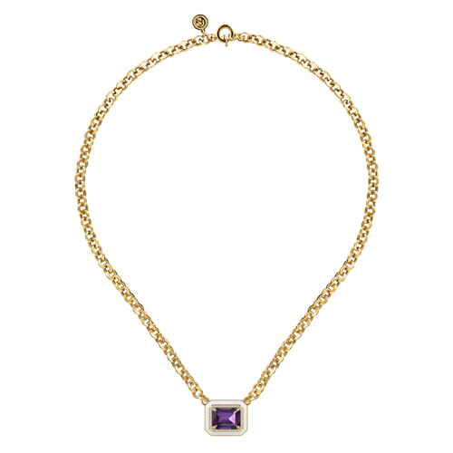 14K Yellow Gold Diamond and Amethyst Necklace With Flower Pattern J-Back and White Enamel