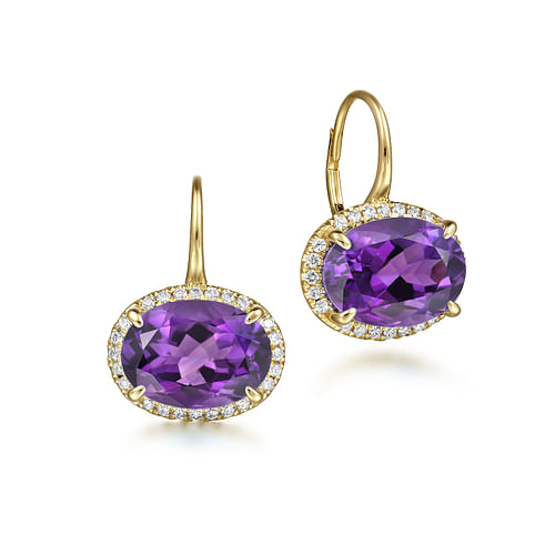 14K Yellow Gold Diamond and Amethyst Oval Shape Earrings With Flower Pattern J-Back