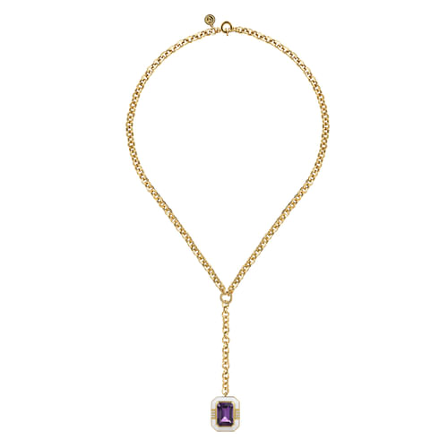 14K Yellow Gold Diamond and Amethyst Y-Layer Necklace With Flower Pattern J-Back and White Enamel