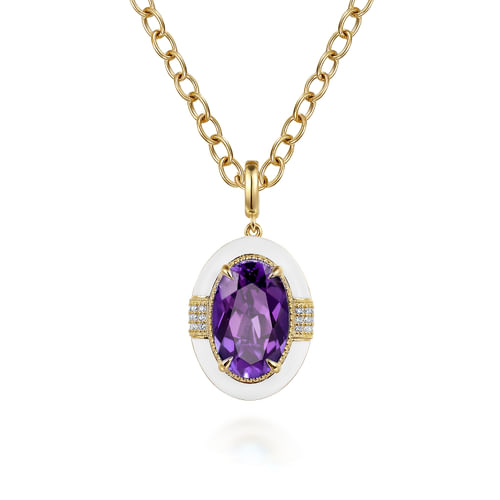14K Yellow Gold Diamond and Amethyst Y-Layer Necklace With Flower Pattern J-Back and White Enamel