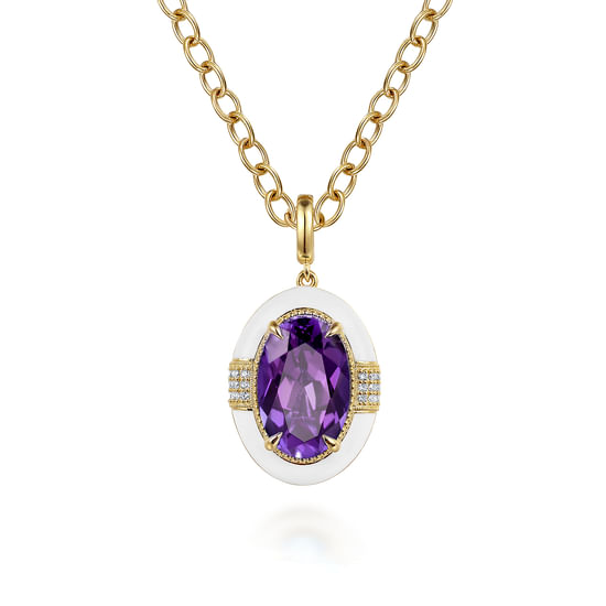 Gabriel - 14K Yellow Gold Diamond and Amethyst Y-Layer Necklace With Flower Pattern J-Back and White Enamel