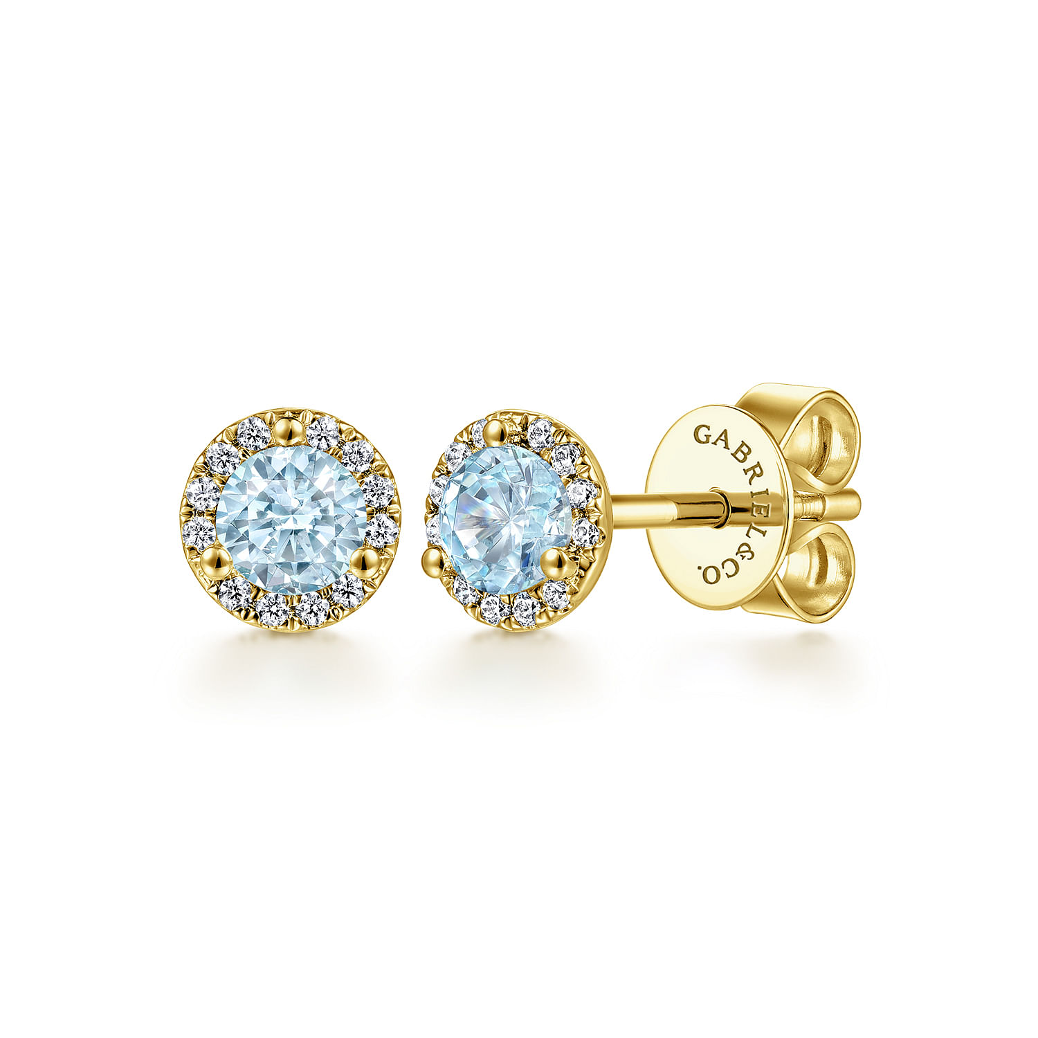 14K Yellow Gold Diamond and Aquamarine Halo Stud Earrings