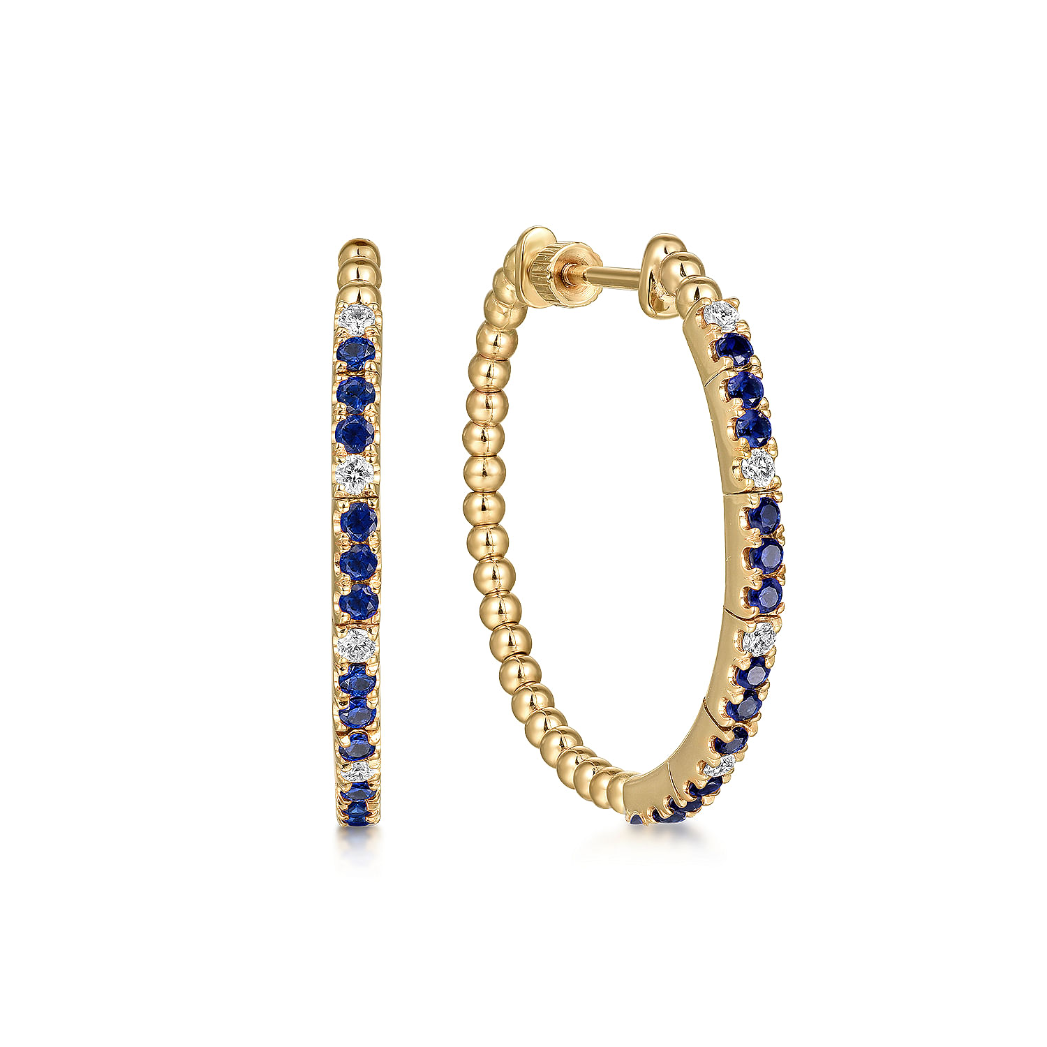 14K Yellow Gold Diamond and Blue Sapphire Bujukan 30mm Hoop Earrings