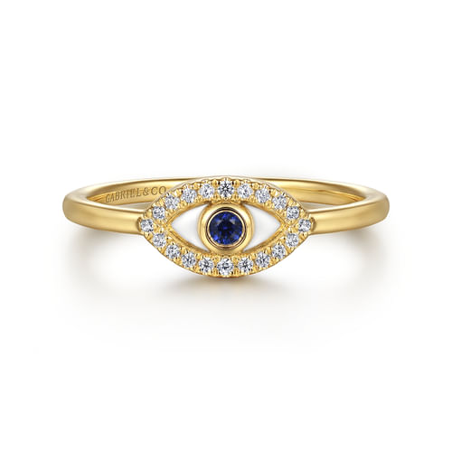 14K Yellow Gold Diamond and Blue Sapphire Evil Eye Stackable with White Enamel