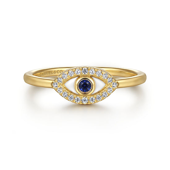 Gabriel - 14K Yellow Gold Diamond and Blue Sapphire Evil Eye Stackable with White Enamel