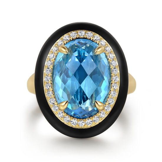 Gabriel - 14K Yellow Gold Diamond and Blue Topaz Cocktail Ring with Black Enamel