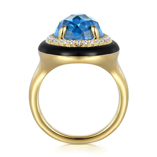 14K Yellow Gold Diamond and Blue Topaz Cocktail Ring with Black Enamel