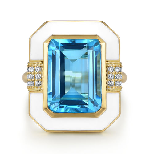 14K Yellow Gold Diamond and Blue Topaz Cocktail Ring with White Enamel