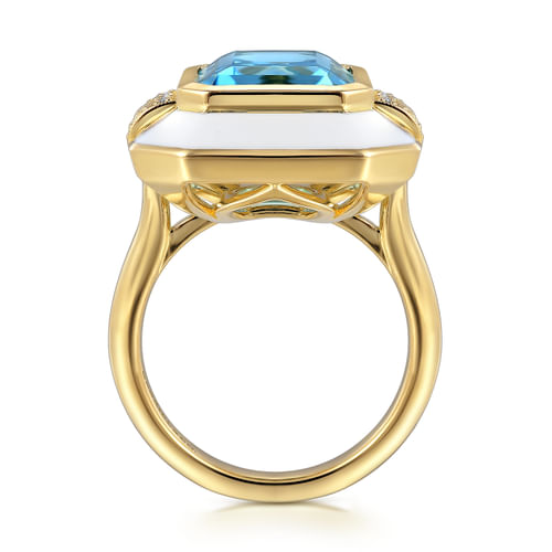 14K Yellow Gold Diamond and Blue Topaz Cocktail Ring with White Enamel