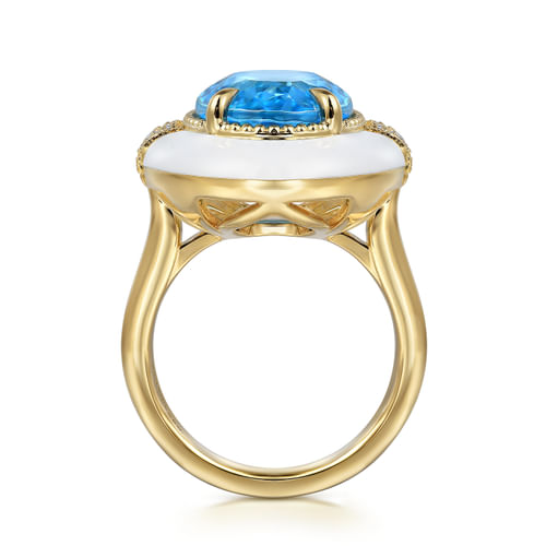 14K Yellow Gold Diamond and Blue Topaz Cocktail Ring with White Enamel