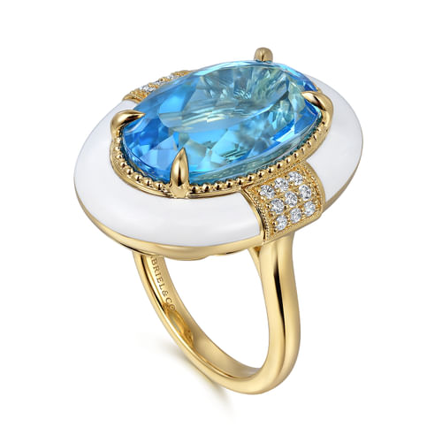 14K Yellow Gold Diamond and Blue Topaz Cocktail Ring with White Enamel