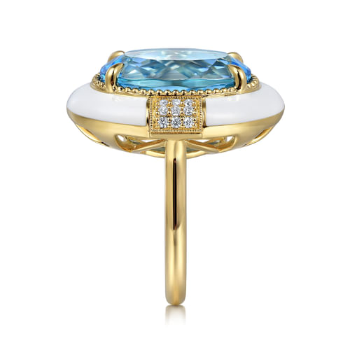 14K Yellow Gold Diamond and Blue Topaz Cocktail Ring with White Enamel
