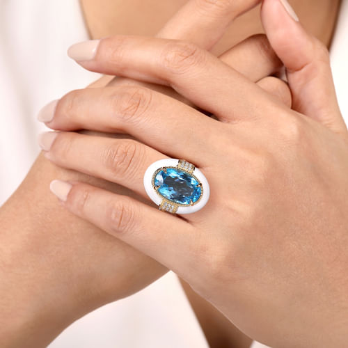 14K Yellow Gold Diamond and Blue Topaz Cocktail Ring with White Enamel